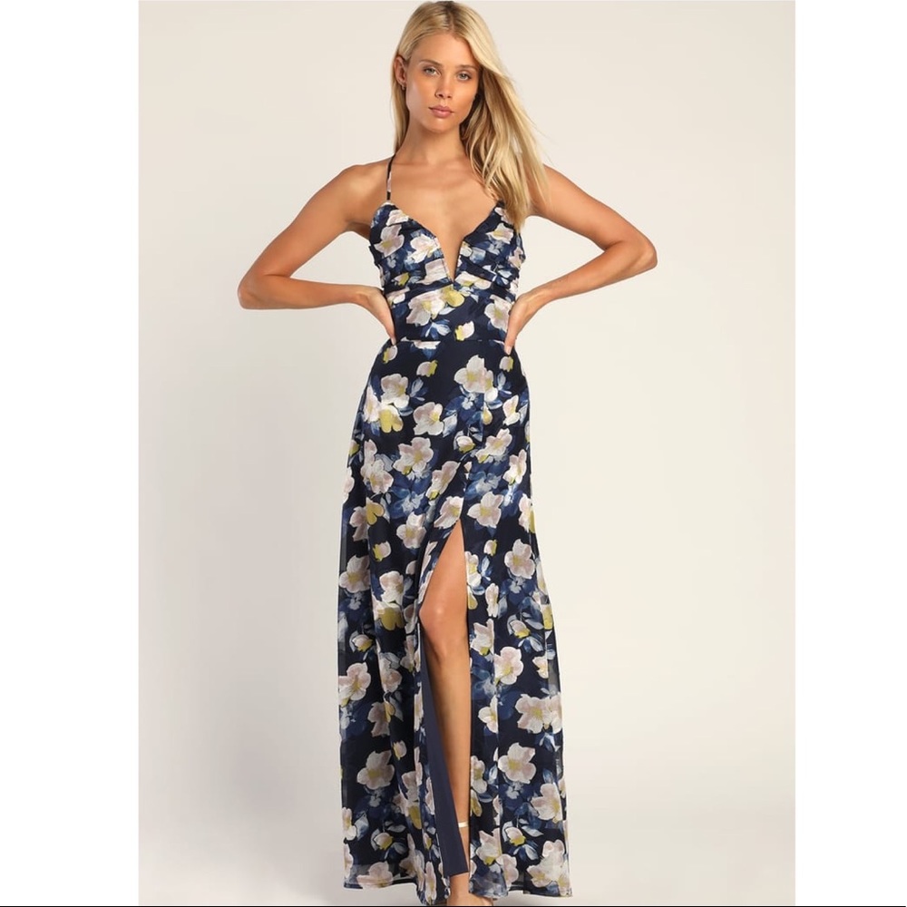 Lulu’s Pretty Perspective Navy Blue Floral Burnout Notched Maxi Dress
